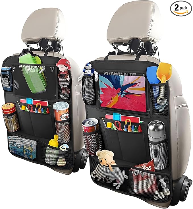 2PCS Car Backseat Organizer, Multi-Pocket Back Seat Protector with 10.2" Tablet Holder, Waterproof Oxford Fabric Storage Bag Auto Kick Mat for Kids Toddlers (A Regular Style)