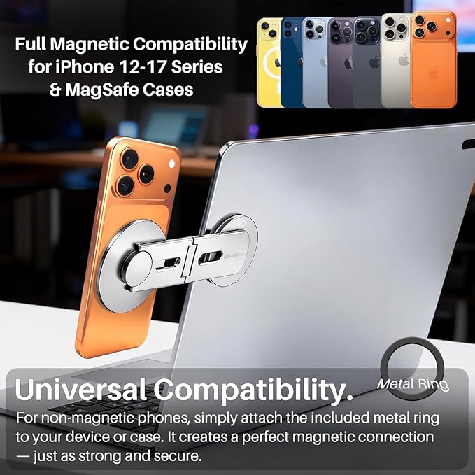 Magnetic Phone Holder for Laptop & Monitor, Foldable Hidden Side Mount, 360° Adjustable Continuity Camera Mount for MagSafe iPhone 12-17 Air Pro Max, Fits for Tesla Model 3/Y, Silver