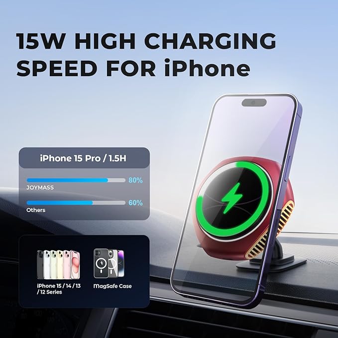 JOYMASS for MagSafe Car Mount Charger, 15W Zinc Alloy Fast Charging Magnetic Wireless Car Charger Phone Holders for Your Car Fits for iPhone 15 Pro Max Plus 14 13 12 Mini MagSafe Case - Red