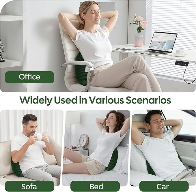 Lumbar Support Pillow for Recliner, Back Support Pillow for Office Chair, Back Cushion with Shredded Foam for Back Pain Relief & Reading, Lumbar Cushions for Couch, Sofa Seat, Car, Green