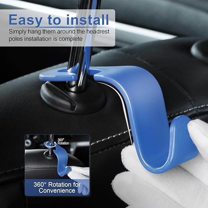LivTee Car Seat Headrest Hook, Car Headrest Hidden Hook, 4 Pack Universal Auto Car Back Seat Hook Organizer for Purse Coat, Car Interior Accessories (Blue)