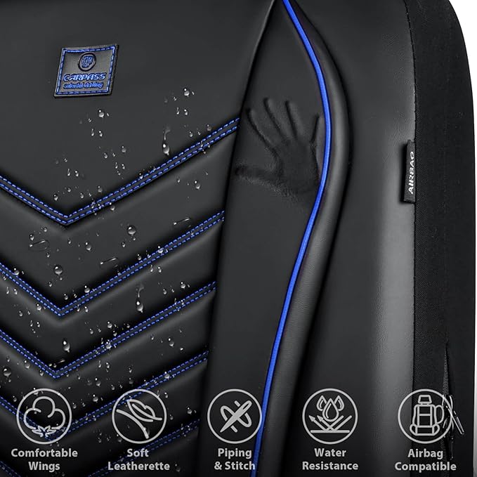 CAR PASS 3D Foam Faux Leather Car Seat Covers Front Seats,Waterproof Leather Front Seat Cover for Car,Universal Fit for SUV Truck Sedan Automotive,Armrest Airbag Compatible Anti-Slip, Black and Blue