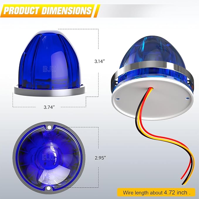 BJZ 10Pcs Blue Watermelon LED Strobe+Constant Marker Lights Dual Function Watermelon-Shaped Side Marker Clearance Tail Top Cap Roof Lights for Trailer Truck Semi-Trailer Heavy-Duty Truck Bus Van
