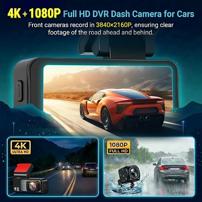 4K Dash Cam Front and Rear, NHOPEEW 3.16" Screen Dual Dash Camera for Cars with WiFi & GPS, Night Vision, 170°Wide Angle Car Dashboard Cam, G-Sensor, Loop Recording, 64GB Card Included