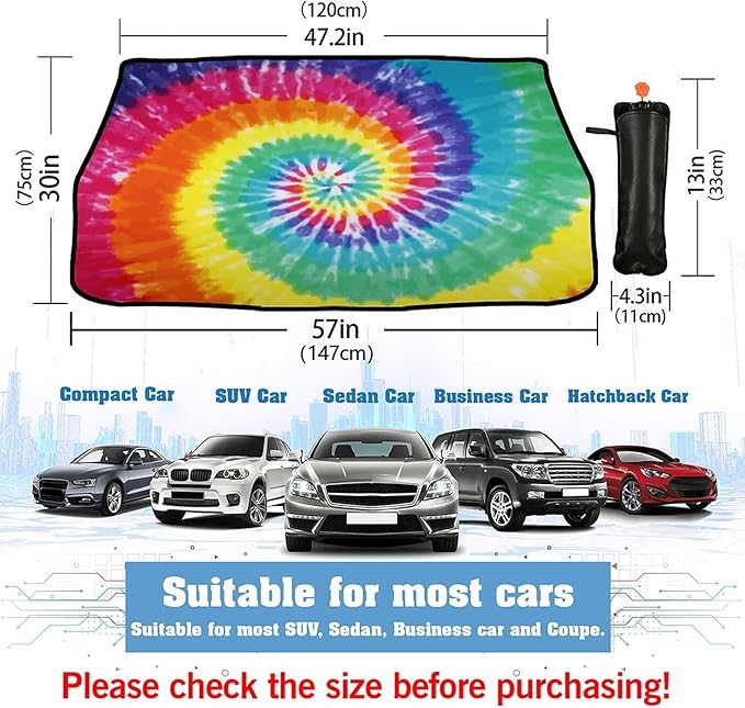 CHILL�TEK Car Windshield Sun Shade Umbrella, Fashion Tie Dye Foldable Umbrella Sunshade for Front Window UV Reflector Protection Auto Shades Cover red 1,57x31 In