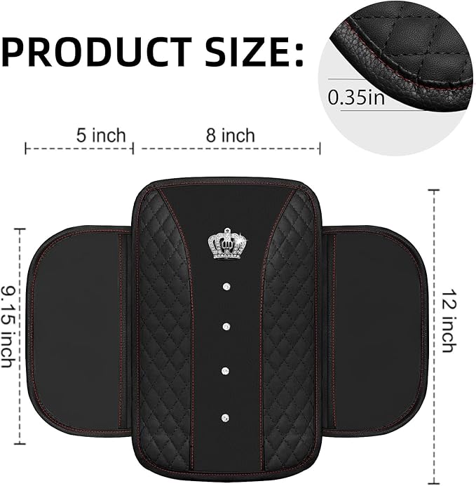 NBTEPEM Bling Crown Car Center Console Armrest Cover, Leather Middle Console Cover Cushion with 2 Storage Bags, Car Armrest Storage Box Interior Accessories for Most Vehicles(Black)