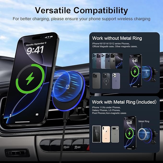 15W MagSafe Car Mount Charger Samsung Android Wireless Car Charger for Samsung Galax S26 Ultra/Z Fold Flip 7/S25 Ultra/S24 FE/S23,Magnetic Air Vent Phone Holder Fast Charging for iPhone 17e,Pixel 10A