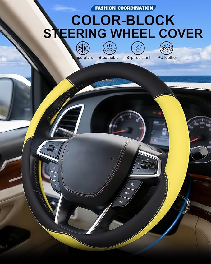 Heavy-Duty Steering Wheel Cover for RV Trucks & Campers - Non Slip Covers, Steering Wheel Grip for Motorhomes & Recreational Vehicles, Fits Oversized 15.5-16 Inch Wheels (Yellow)
