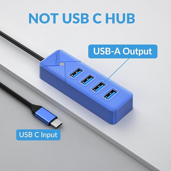 GiGimundo 4-Port USB Hub for Laptop, USB C to USB Hub Multiport Adapter 5Gbps Transfer, USB C Splitter for Laptop, MacBook Pro/Air, iPad Pro, Dell, Chromebook, Keyboard, Mouse, HDD, Blue
