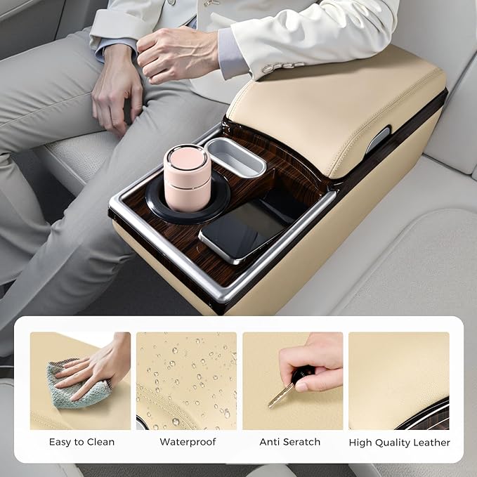 Coverado Center Console, Universal Bench Seat Center Console, Truck Back Seat Car Organizer with Cup Holder, Rear Central Car Armrest Box with Storage, Beige