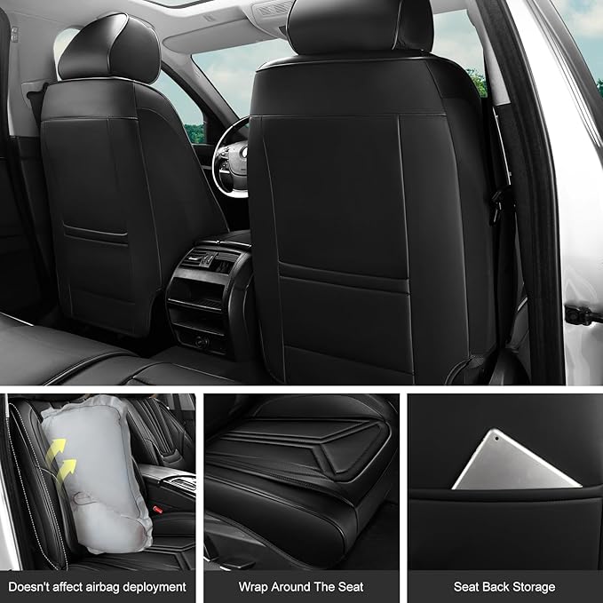 Car Seat Covers, Premium Leather Car Seat Covers, Waterproof and Breathable Seat Covers, Universal Car Seat Protector Fit for Cars, Trucks, SUVs, Pick-ups (Black, FullSet)