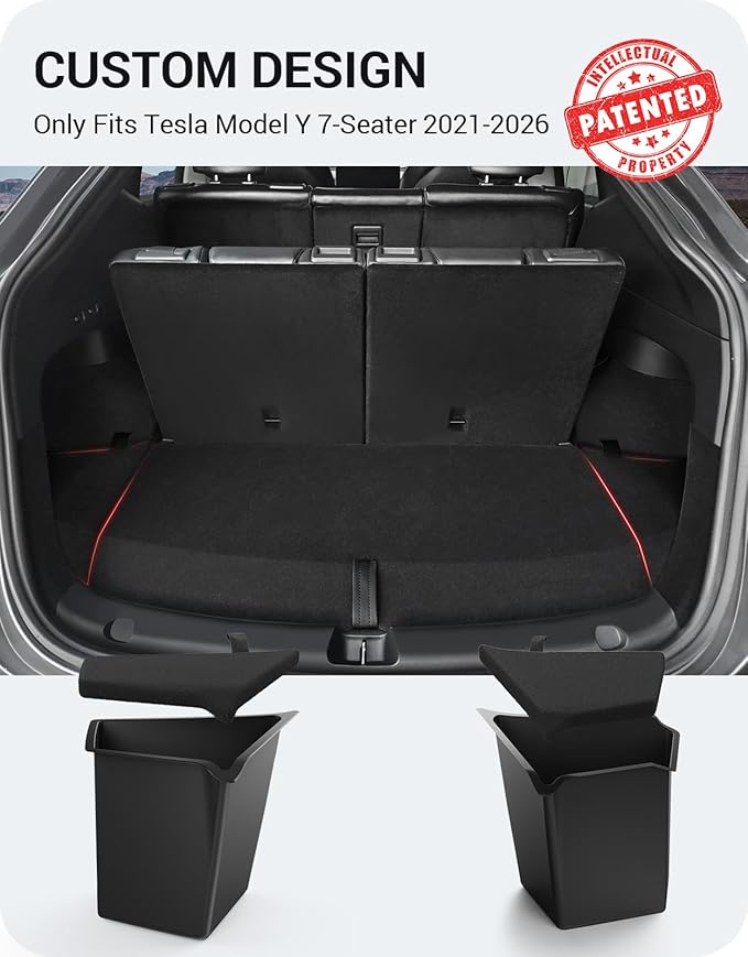 BASENOR 2021-2026 Tesla Model Y 7-Seater Trunk Storage Bins, (Proprietary Design) Trunk Organizer with Carpeted Lid, Rear Trunk Side Storage Box for 7 Seat Model Y Interior Accessories