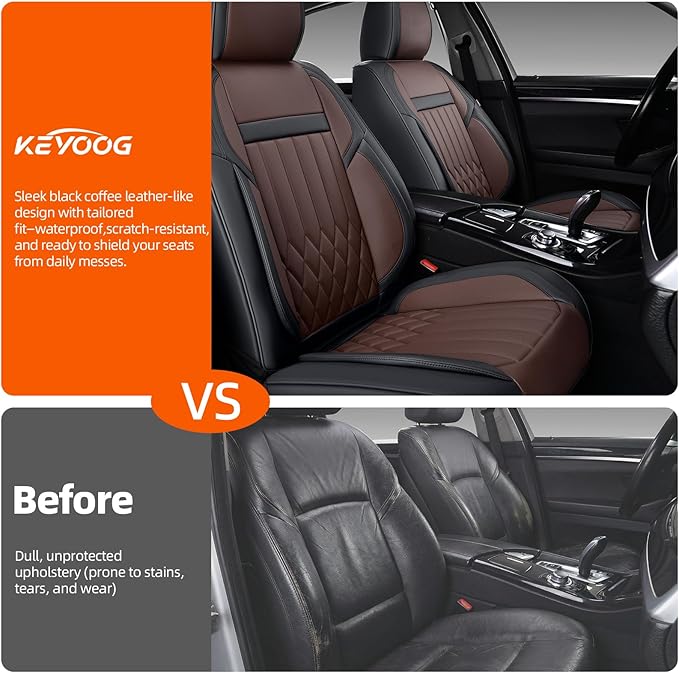 KEYOOG 2-Seater Waterproof and Breathable Nappa Leather Car Seat Covers Full Set, Fit for Front Seats of Cars, Compatible with Airbags, Car Seat Protector Covers for Most Cars - Black Coffee