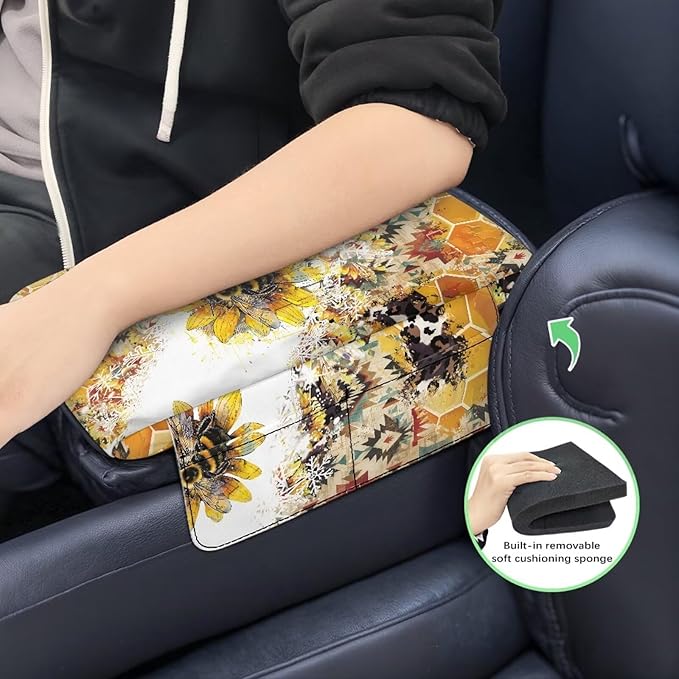 Tupalatus Aztec Car Center Console Cover Water-Resistant Sunflower Universal Arm Rest Cushion Breathable Comfort Armrest Cover with Pockets Easy Installation Fit for Most Cars