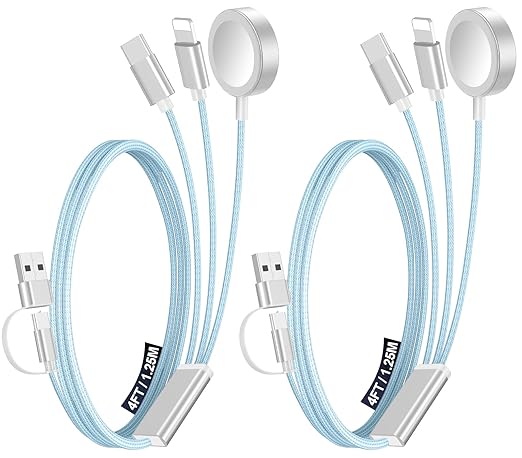2 Pack Multi Charging Cable Cord for Travel Essentials,Apple Watch Charger,iPhone Charger,[3-in-2] Type C/L Cable Portable Designed for iWatch,iPhone 17-8,Galaxy S25-21,AirPods,iPad-4FT Blue