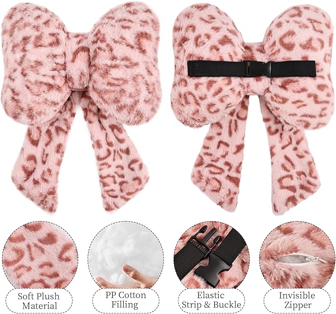2 Pack Bow Car Headrest Pillow Comfortable Soft Plush Head Rest Cushion, Neck Pillow for Driving Office Use and Car Interior Decoration (Pink Leopard)