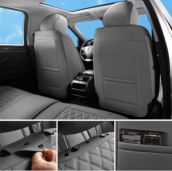 Car Seat Covers Full Set Grey, Luxury Faux Leather Car Seat Covers Waterproof Non-Slip Seat Protector Universal Fit for Most Cars SUVs Trucks Pick-ups,Car Accessories for Front Seats and Back