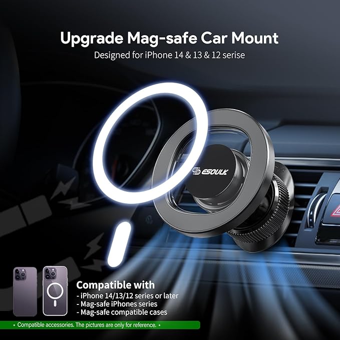 Esoulk Vent Magnetic Phone Holder, MagSafe-Compatible Phone Mount with Car Air Vent Clip, Strong Magnetic Car Mount for iPhone, Compact Car Cell Phone Holder Vent Accessories