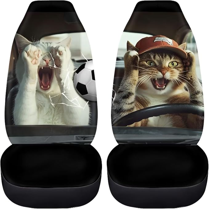 Funny Cat Driver Car Seat Covers for Front Seats Football Broke Car Window Premium Polyester Seat Covers for Cars Trucks and SUVs