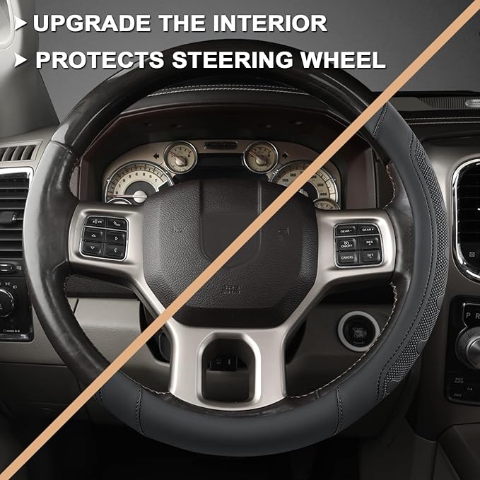 GIANT PANDA Car Steering Wheel Cover for RAM 1500 2500 3500, Compatible with Dodge RAM 15.5-16 inches - Black