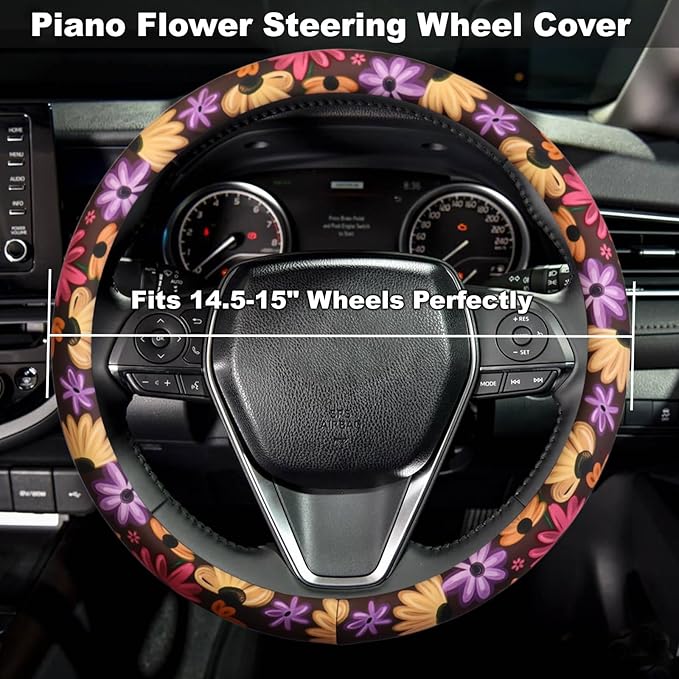 Piano Flower Steering Wheel Cover for 14.5-15 Inch Wheels, Premium Fabric with Non-Slip Rubber Inner Ring (Piano Flower)