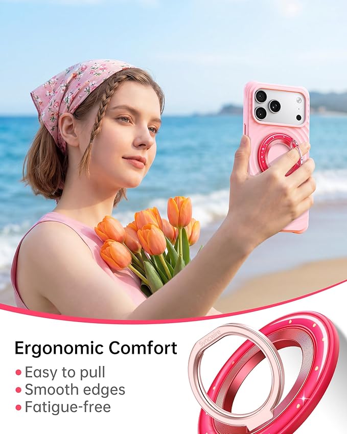 SYNCWIRE Magnetic Phone Ring Holder for MagSafe - Phone Grip Stand with 360° Rotation Finger Ring Kickstand Compatible with iPhone 17 16 15 14 13 12 Pro Max MagSafe Accessories,Strawberry Red