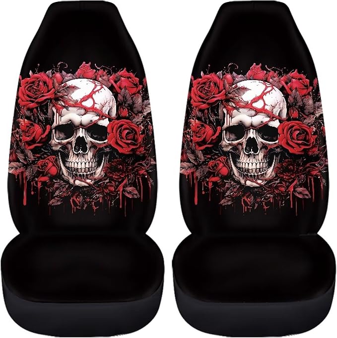 Halloween Skull Rose Car Seat Cover Easy to Install Car Front Seat Protector Breathable Front Seat Cover Anti Slip Universal for Cars Truck SUV Van