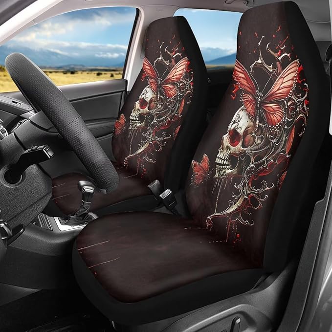 Skull Butterfly Car Seat Covers Comfortable Front Car Seat Covers Elastic Fabrics Cars Interior Automotive Easy Installation Universal Fit Most Cars,SUV, Trucks