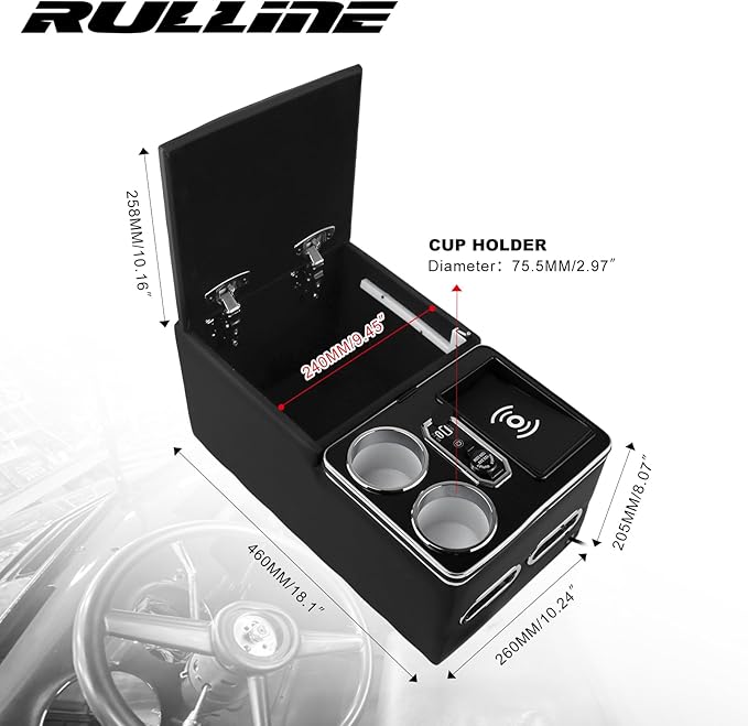 RULLINE Center Console Armrest Organizer with Wireless Charging & Cup Holders, LED Bench Seat Center Console for Car Minivan Truck SUV, Van - Universal Fit Storage Box, Center Console Armrest