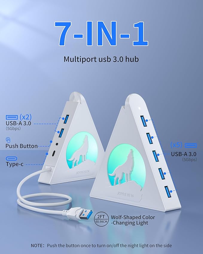 7 Port USB Hub, JoyReken USB 3.0 Hub with 2 FT Long Cable, Vertical USB Extension Hub for Laptop, MacBook, Flash Drive, XPS, PC, Flash Drive, Game Console, Printer, Camera,Keyborad, Mouse (White)