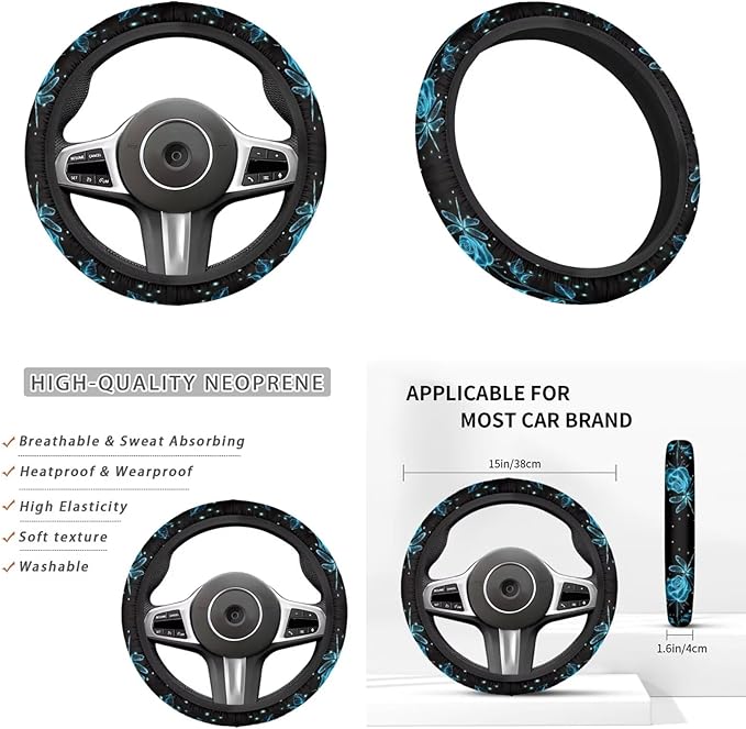 Blue Rose Print 6pcs Car Steering Wheel Cover Set for Men Women Dragonfly Cup Coaster Handbrake Gear Cover Armrest Cover Fits Most Cars Trucks Vans SUV