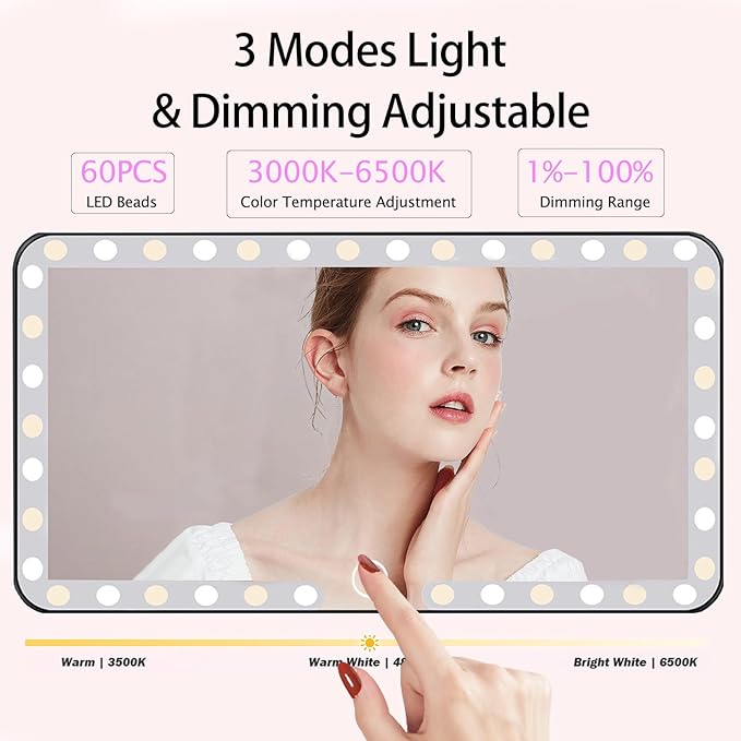 Car Sun Visor Vanity Mirror, 3 Light Modes & 60 LEDs, Rechargeable Dimmable Touch Screen Travel Makeup Mirror,Universal for Truck SUV-Car Accessories Essentials for Women（White）