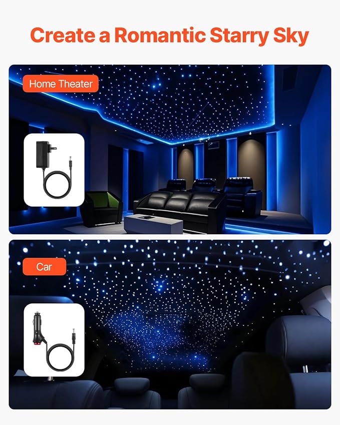 VEVOR Starlight Headliner Kit, 450 pcs 0.03 in 9.8 ft, 16W Twinkle Fiber Optic Star Ceiling Lights for Car, Bluetooth APP, Remote Control, Sound Activated, RGBW Light Engine, for Home Bed Room Decor