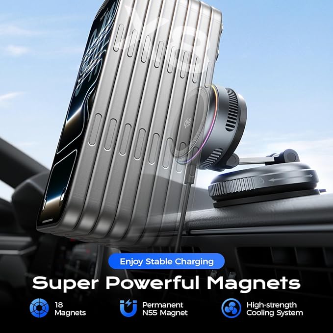 Qi2.2 Magnetic Car Mount Charger【25W Fast Charging+Ice-Cooling】 360° Rotating Fast Wireless Charger Stand with Cooling Fan/LED Light,Vacuum Magnetic Phone Holder Compatible with iPhone 12-17, S26/S25