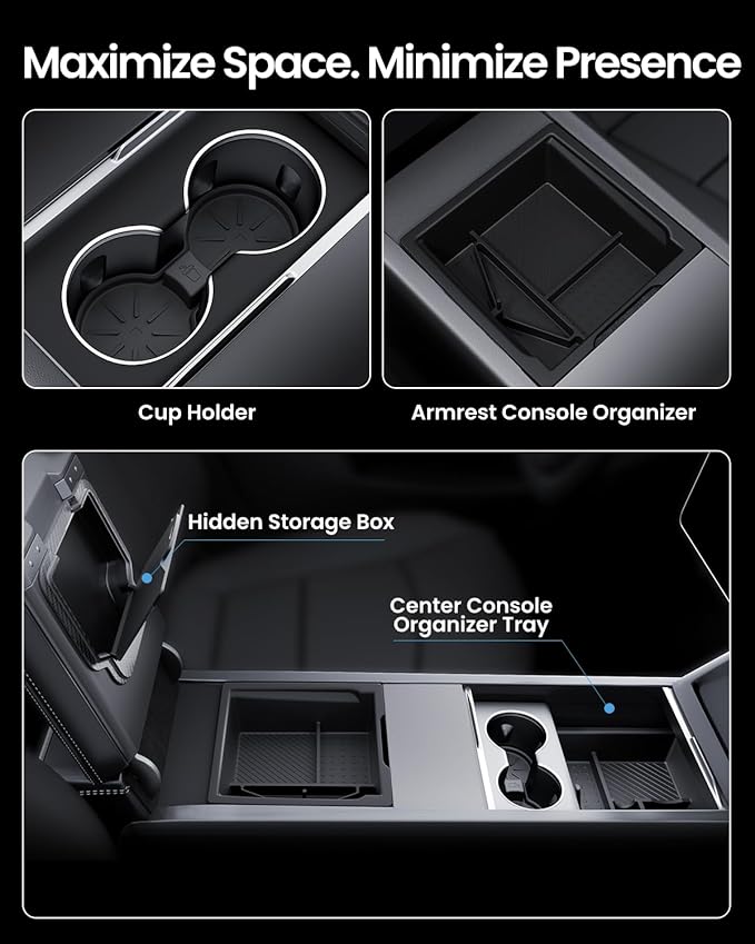 REEVAA Center Console Organizer for Tesla Model Y Juniper 2025-2026 (Premium & Performance), Model 3 Highland 2024-2026 All Trims [Dual-Tier Storage, Seamless Fit], Premium Silicone Liner, 4PCS, Grey
