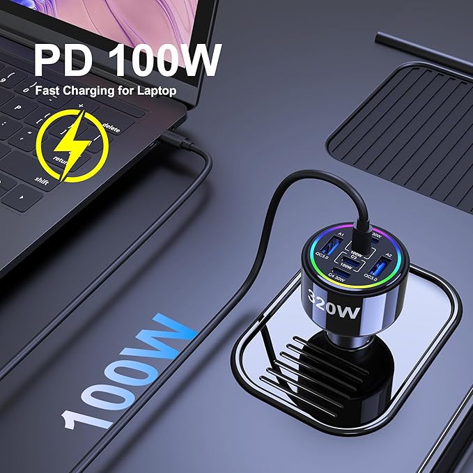 320W USB C Car Charger, 6 Ports Type C Car Charger, PD3.0/QC4.0/PPS Super Fast Charging for iPhone 17/16/15 Series, Galaxy S25/S24/23, iPad, MacBook Pro/Air, Laptop (Black)