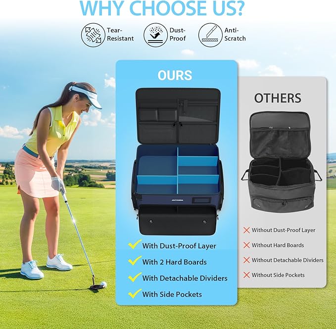 4-Layer Golf Trunk Organizer, Golfer Gifts for Men Women with Separate Ventilated Compartment for 2 Pairs Shoes, Waterproof Car Golf Locker Storage Bag for Golf Gear and Accessories,Blue