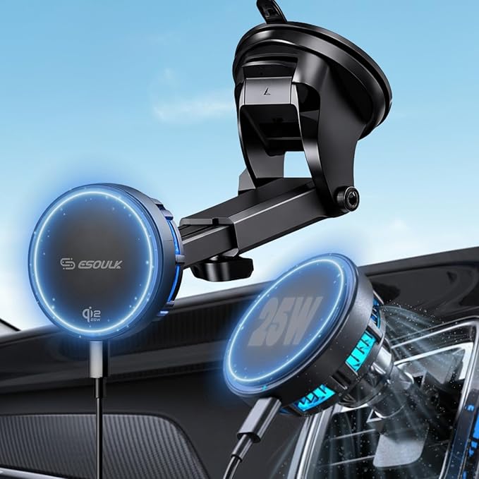 Esoulk [2026 Upgraded] Qi2 25W Fast Wireless Car Charger with Cooling Fan, MagSafe Compatible Magnetic Mount, 3-in-1 Dashboard/Windshield/Air Vent Phone Holder for iPhone & Android