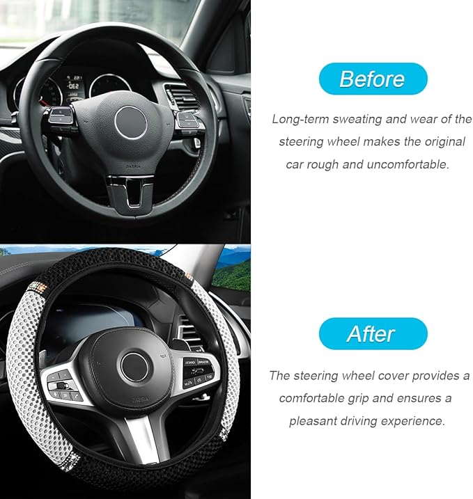 Bling Car Steering Wheel Cover, 15 Inch Crystal Rhinestones Elastic Stretch Breathable Vehicle Steering Wheel Protector for Women Girls, Universal Auto Interior Accessories (Black Gray)