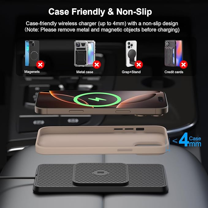Wireless Car Charging Pad, Reestecqi 15W Fast Wireless Car Charger Pad Non Slip Charging Mat with 30cm Cable and 70cm Extension Compatible with iPhone 16 Pro/15/14/13 AirPods Samsung Google