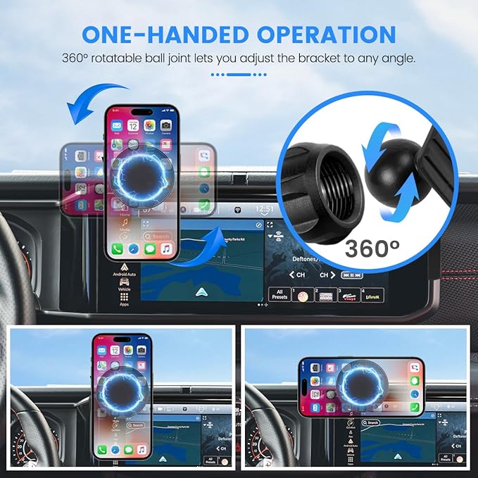 Car Phone Holder Fit for Jeep Wrangler 2024 2025/Gladiator JT 2024 2025 Auto Accessories Fit 12.3-Inch Touch Screen, Phone Mount Compatible with MagSafe Automobile Cradles Hands-Free 360° Rotation