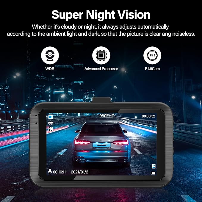 Dash Cam Front and Rear - 3 inch IPS Screen 1080P Full HD DVR Dash Camera for Cars with 64G SD Card - 150°Wide Angle Car Dashboard Cam - Night Vision, G-Sensor, Parking Monitor