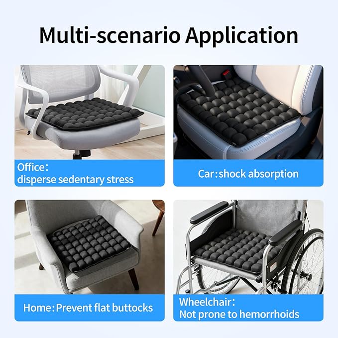 Inflatable Seat Cushion for Car - Adjustable Air Pressure Travel Cushion for Long Flights, Office Chairs, and Travel - Portable 17.7x15.7 Inches - Black