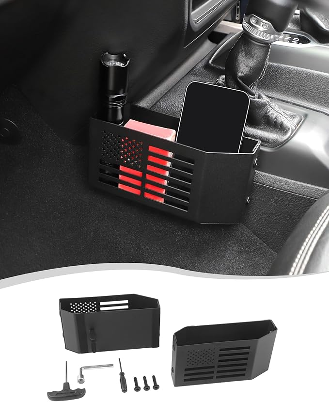 Hoolcar Metal Gear Shift Center Console Organizer Storage Box for 2018-2024 Jeep Wrangler JL JLU Gladiator JT & Rubicon Sahara 4XE Storage Box Tray, Flag Style