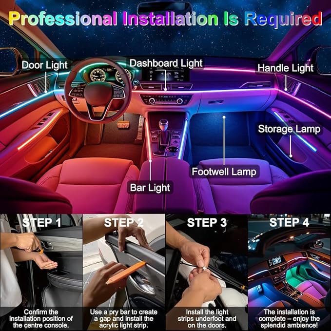 Acrylic Interior Car Ambient Lighting, Interior RGB LED Strip Kit with Music Sync Mode, 55 Inch Length Suitable for Pickup, Trucks, SUV and Large Vehicles (6 in 1)