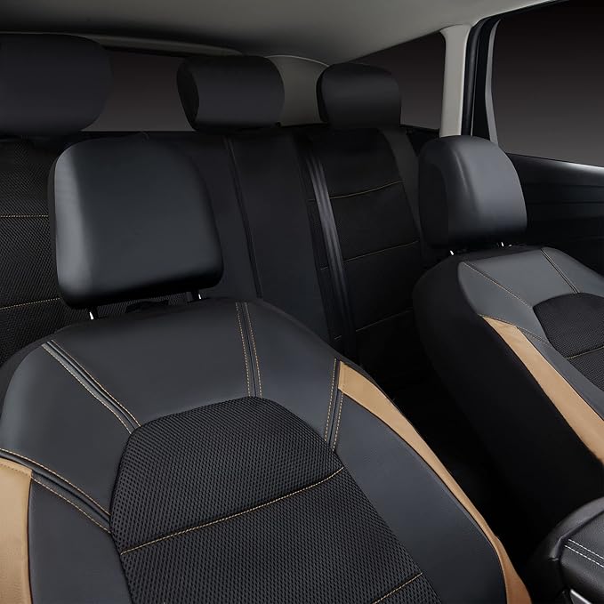 CAR PASS Leather seat Covers,Automotive Universal Sport car seat Cover Super 5mm Composite Sponge Inside,Airbag Compatible fits Most Cars, SUVs, Trucks, and Vans (Full Set,Black and Beige)