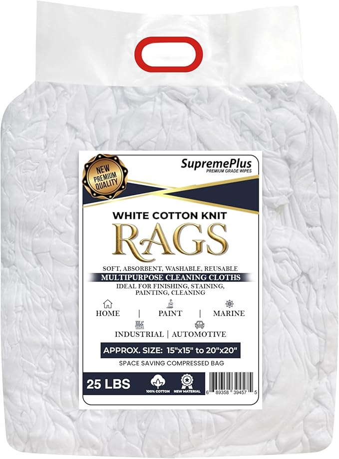 Premium New White Cotton Knit T-Shirt Rags (2x25 lbs. Bag of Rags) - Lint-Free, Soft & Absorbent Cleaning Cloths for Auto, Paint, Garage, Staining & Polishing