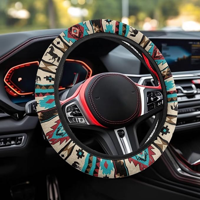 SEANATIVE Universal Steering Wheel Cover, Easy to Disassemble, Non-Slip Soft Steering Wheel Cover, Blue Aztec Hores Auto Decor Accessiores