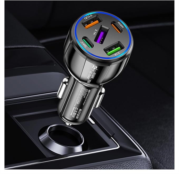 Upgraded Car Charger USB C with 5 Port,75W Cigarette Lighter Adapter with Type-C & QC 3.0 Ultra Fast Charging Port,Universal Car Charger Adapter for Navigator,Dash Cam (Black)