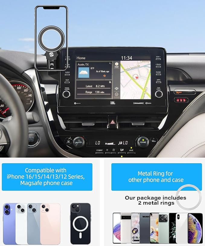 Car Phone Holder for 2021-2024 Toyota Camry Accessories Apply to 9 Inch Touch Screen Fixed Clip Magnetic Cell Phone Mount Hands-Free 360 Degree Rotation